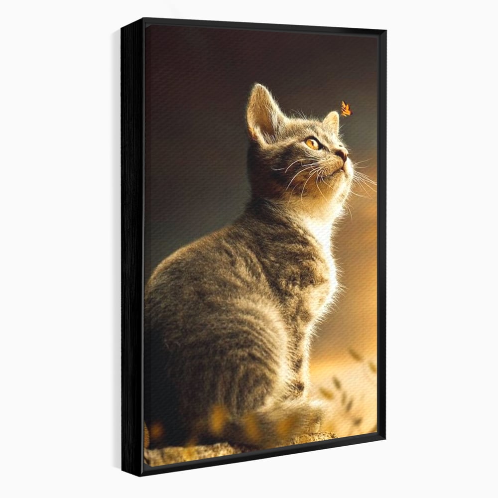 Tablou canvas cu tablou canvas cu pisica si fluture, in rama de aluminiu negru